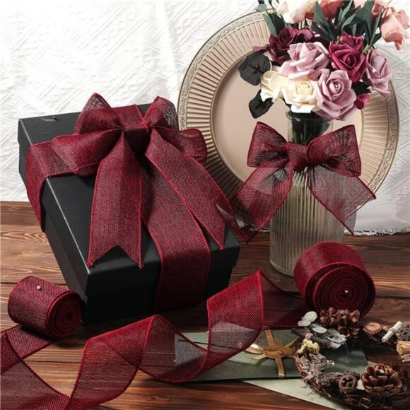 Burgundy Burlap Wired Ribbon 2 5 Inch x 10 Yards Roll for Wreaths Bows Crafts - Picture 2 of 8